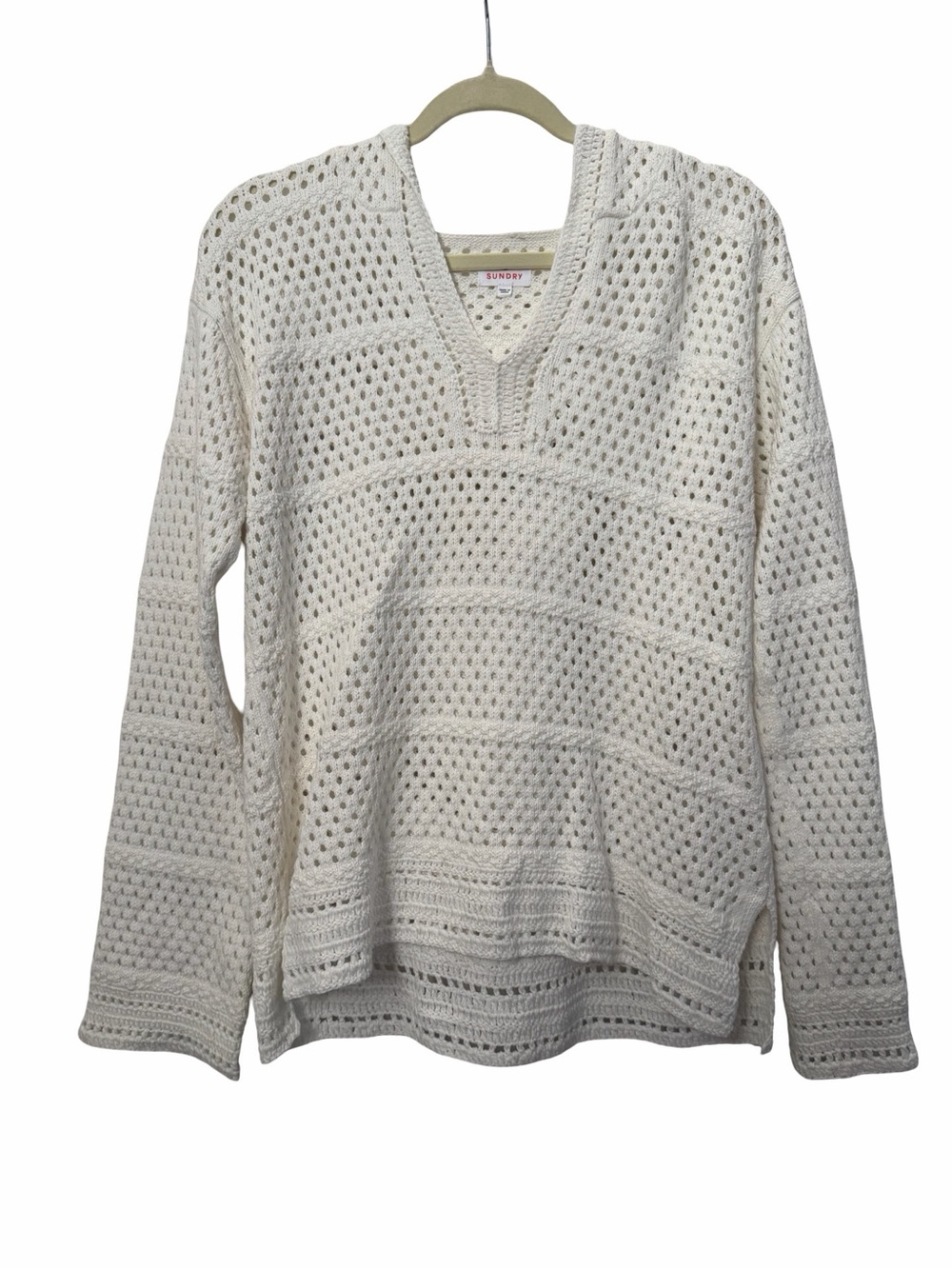 Sundry Crochet V-Neck Pullover Sweater Open Knit w/ Hood Sz S/M Boho Beach Layer